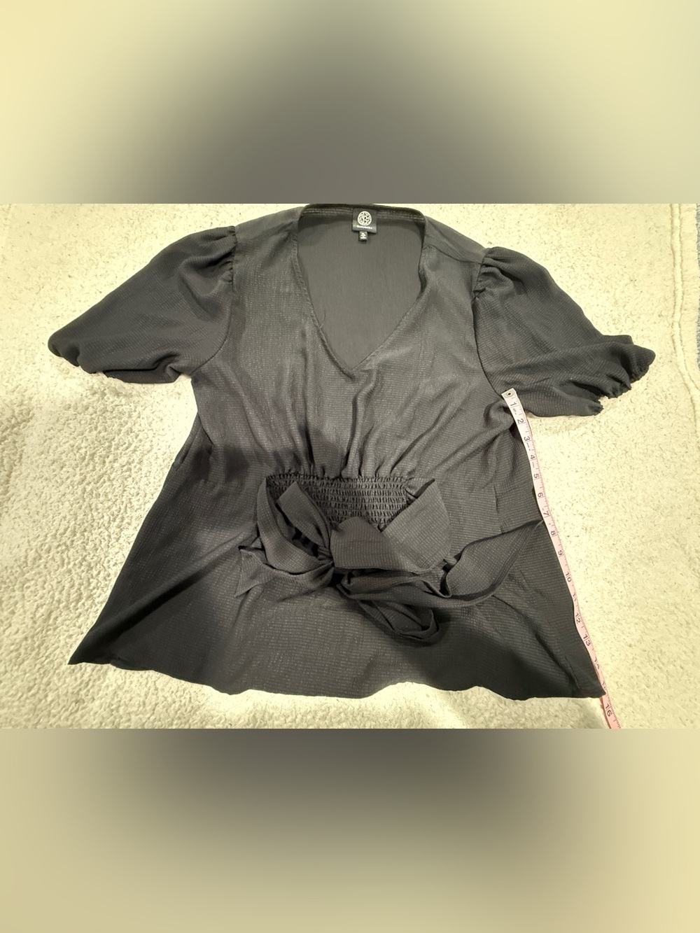 bobeau Black V-Neck Smocked Tie-Waist Top with Puff Sleeves